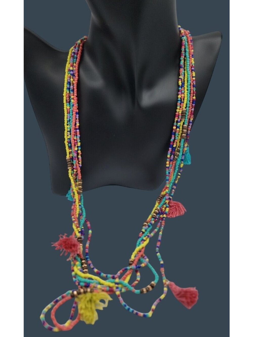 Vintage C1946 Multi-Strand Seed Bead Tassel Necklace Boho Style Multicolor 24"